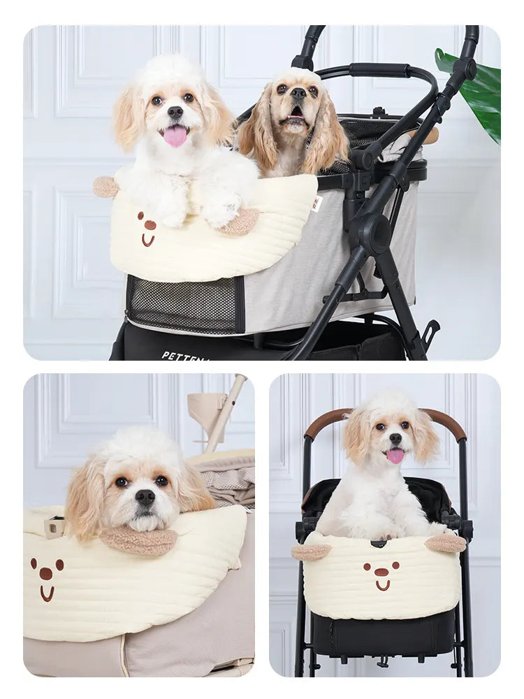 ペットカート用クッションセットの使用例。コットンのあご乗せクッションがカートの縁を覆い、犬が移動中にあごを乗せてリラックスしながら、衝撃や擦れから犬の体を優しく守る機能性を示しています。