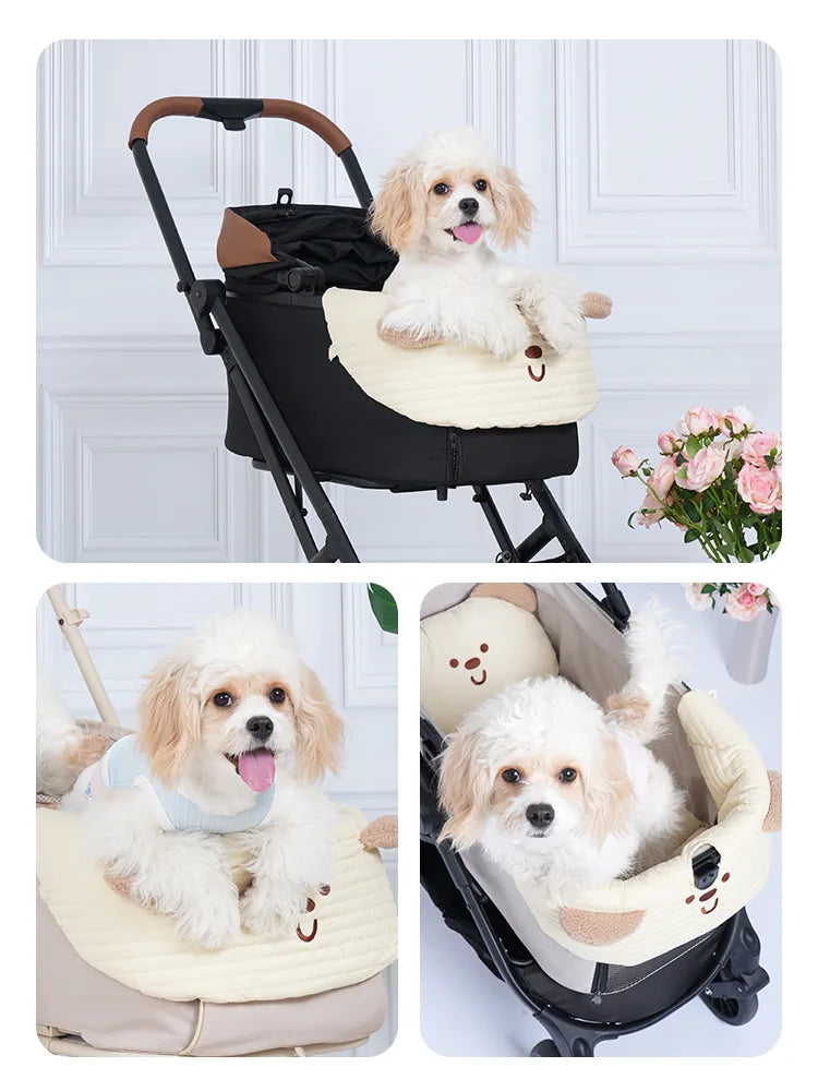 PETTENAペットカートクッションの使用シーン。ふんわり包むロングタイプとあごのせクッションが、カート移動時の衝撃から愛犬を守り、長時間の伏せ姿勢や身を乗り出すポーズでも快適な乗り心地をサポート。