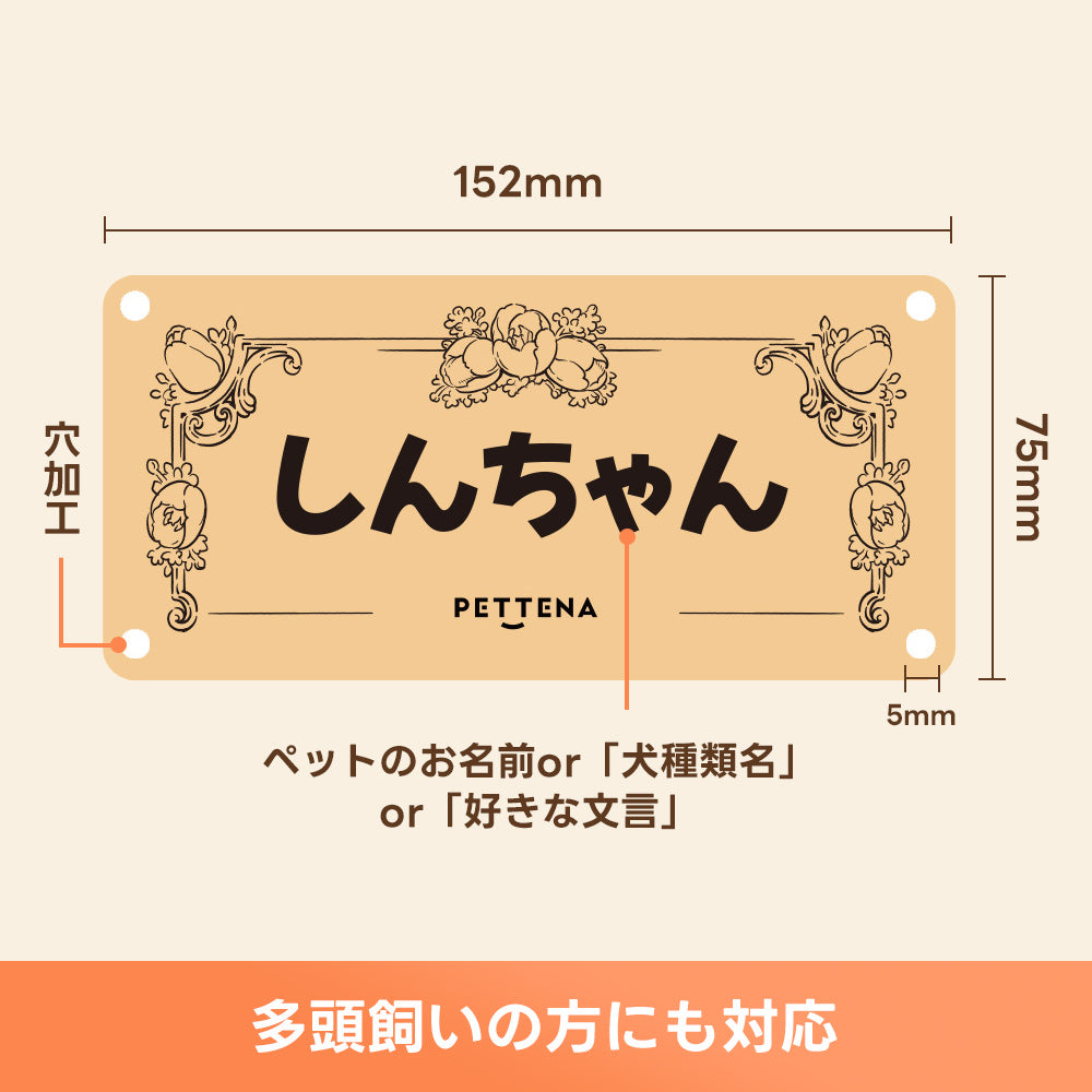 取り付け穴加工済みのオーダーメイドネームプレート。愛犬の名前や犬種名を大きく配置でき、多頭飼いの連名レイアウトにも対応した見やすいデザイン。