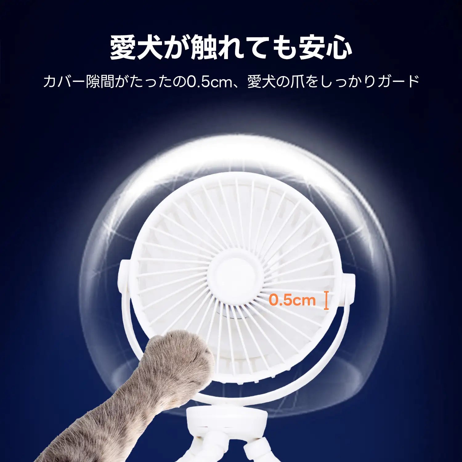 ファンカバーの隙間がわずか0.5cmで設計されたペット用扇風機。愛犬の爪が巻き込まれるのをしっかりとガードする安全構造になっており、ペットカートやベビーカーに取り付けても安心して使用できる機能性を紹介。