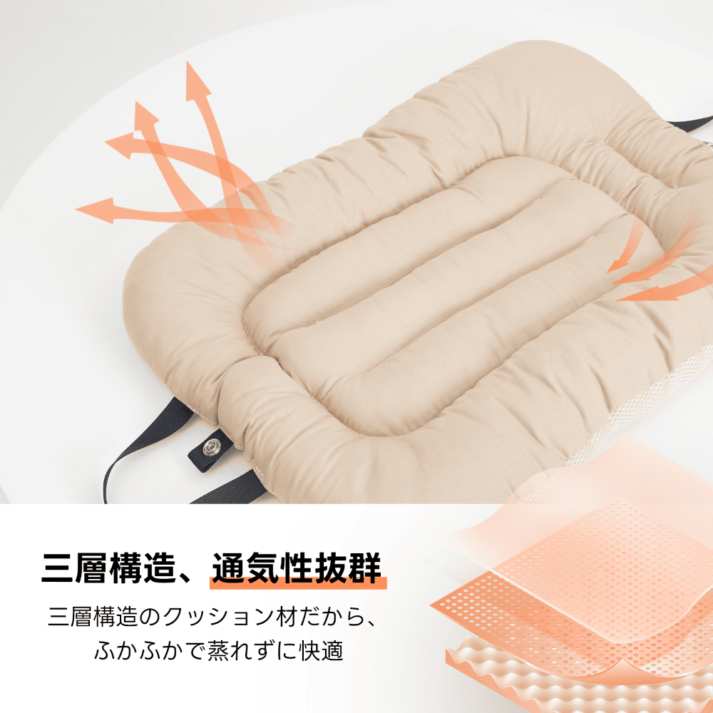 三層構造で通気性抜群、ふかふか素材で蒸れず快適。愛犬の移動中も優しくサポート、高品質設計で飼い主も安心の逸品!