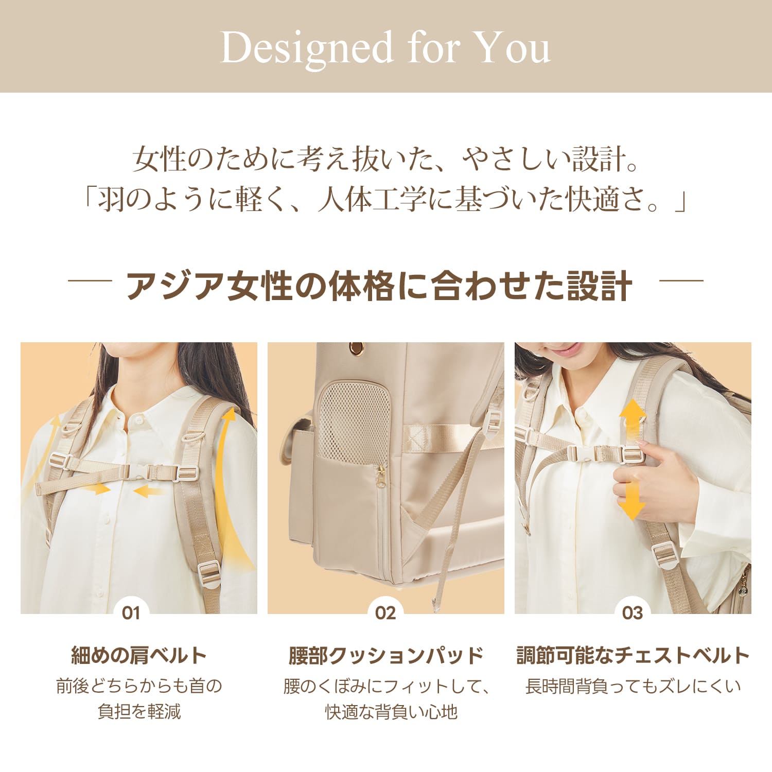 女性の体格に合うHIYORIリュックの3つの快適設計。細めの肩ベルト、腰部クッションパッド、調節可能なチェストベルトの各部詳細。