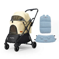 PETTENA newtonベージュペットベビーカーにブルークマ柄ふわふわセット。優しい肌触りの保温素材がペットの体温を快適に保ち、寒い日も暑い日もストレスフリーな移動を実現する優しい快適設計です。
