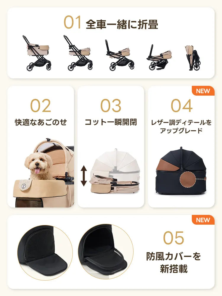 ORIONの進化を支える5大機能。コンパクトな折り畳みや、ペットが快適に過ごせる「あごのせ」設計、瞬時に開閉するコットに加え、2026年モデルからレザー調装飾と防風カバーを新搭載し、走行時の快適性と利便性が向上。