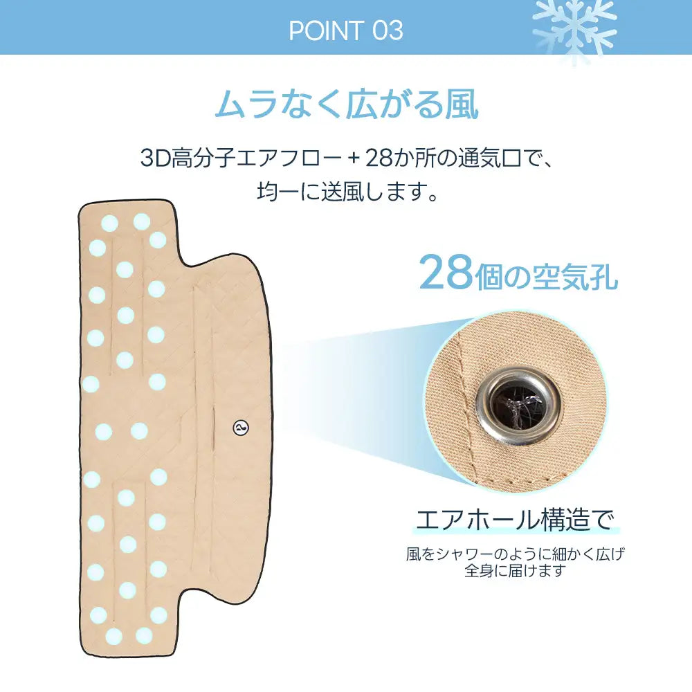 PETTENA ペットカート ファンクッション。3D高分子エアフローと28か所の通気口による均一な送風システムの紹介。エアホール構造が風をシャワーのように細かく広げ、ムラなく愛犬の全身へ届けることで、ペットカート内での局所的な蒸れや熱のこもりを解消する。