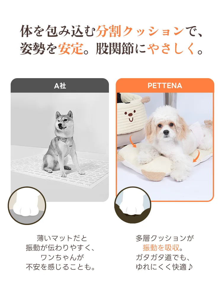 他社製品との比較で、振動吸収性の高さを伝えるPETTENAペットカートクッション。体を包み込む分割クッションが姿勢を安定させ、ガタガタ道でもゆれにくく快適に、愛犬の股関節をやさしくサポート。