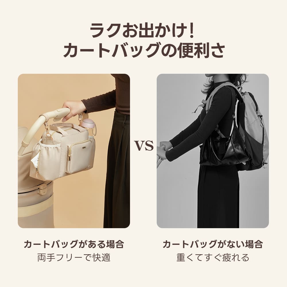 バッグがある場合とない場合を比較した画像。バッグを装着して両手が自由で快適なカラー写真と、重い荷物に疲弊するモノクロ写真を並べ、お出かけ時の負担の違いを視覚的に分かりやすく表現したスタイル比較です。