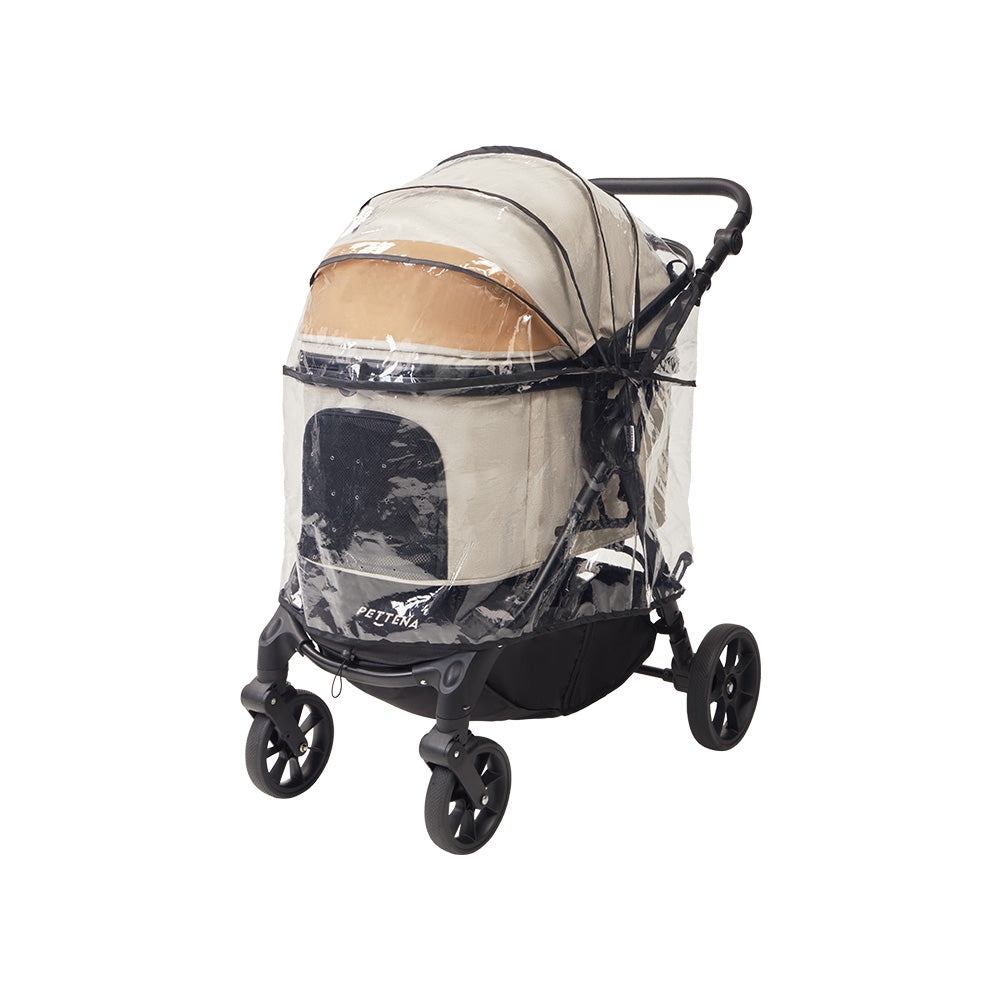 PETTENA terra用レインカバー。高品質な安全EVA素材を採用し、防雨・防風機能を備え、雨や風からペットをしっかり守ります。視認性の高いクリアな素材で、お出かけ時もペットの様子を常に確認でき安心です。