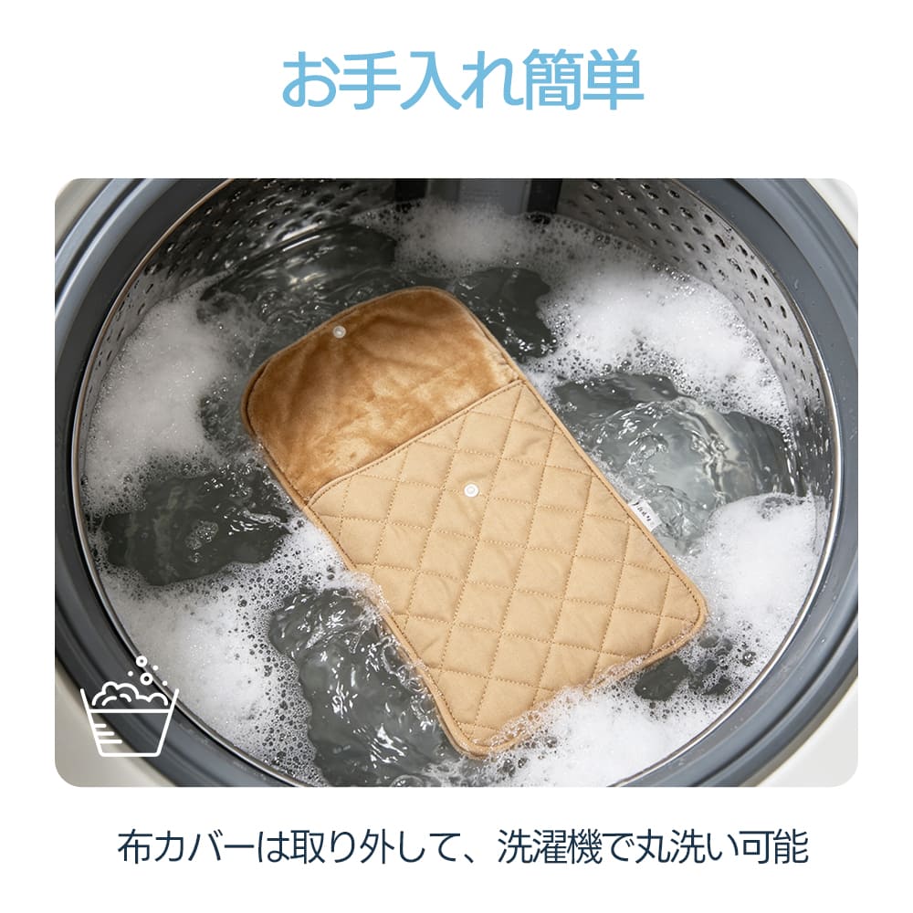 アイスポーチのメンテナンス性を伝える画像。「布カバーは取り外して、洗濯機で丸洗い可能」のテキスト通り、ペットが使用して汚れても、カバーを洗濯機で簡単に洗えて常に清潔に保てる利点を視覚化している。