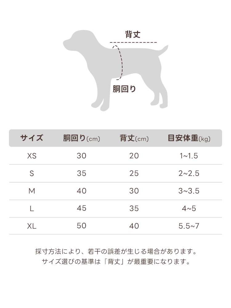 小型犬用バルーンワンピースのサイズチャート。XSからXLまでの5サイズ展開で、各サイズの胴回り、背丈、目安体重(1kg〜7kg)を詳しく記載。採寸方法のイラスト付きで、愛犬に最適なサイズを正確に選べるガイド画像。