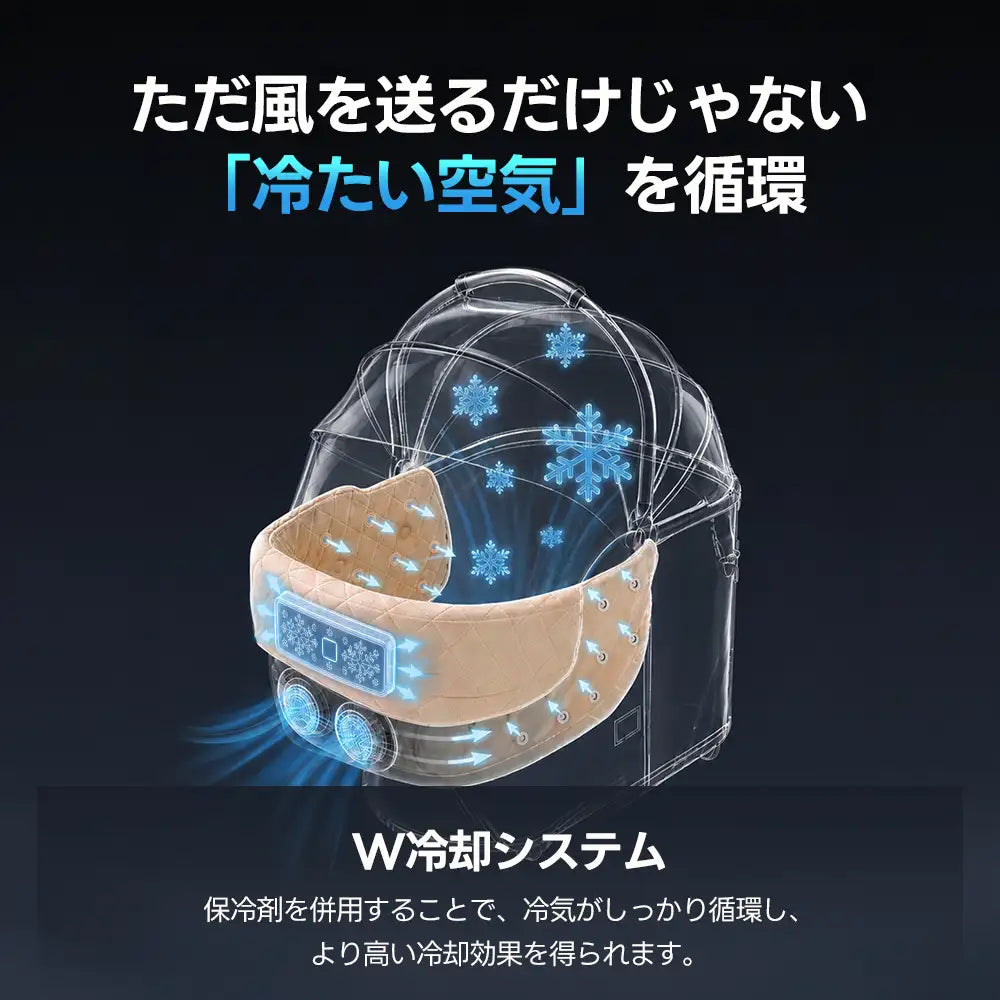 PETTENAペットカートのW冷却システム構造。保冷剤とファンを併用し、ベージュのコット内に冷たい空気を循環させて高い冷却効果を獲得。風を送るだけではない熱中症対策仕様で、夏の快適なお出かけをサポート。