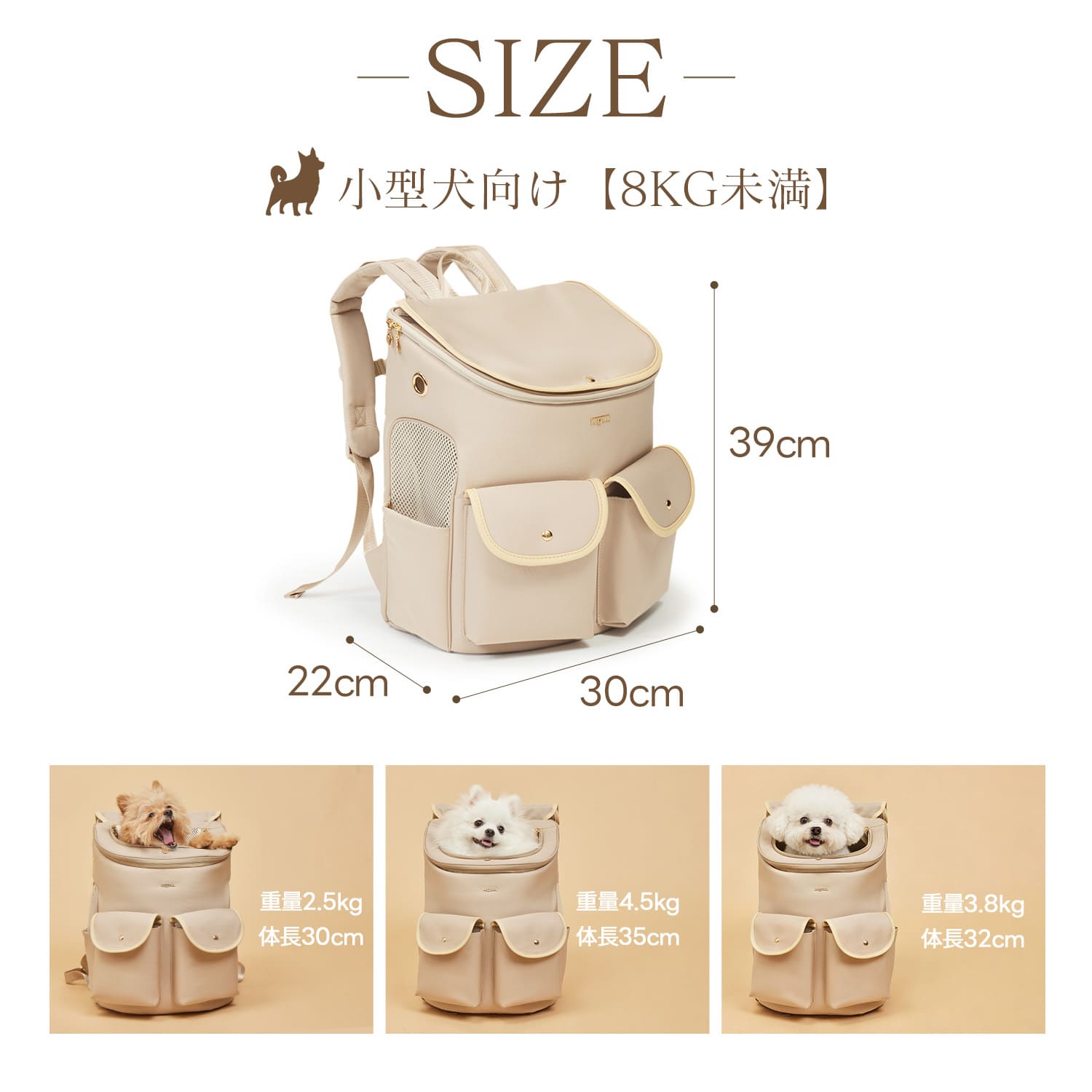 HIYORIリュックのサイズ図。高さ39cm、幅30cm、奥行き22cm。下に2.5kg、4.5kg、3.8kgの小型犬が入った場合の比較画像を掲載。