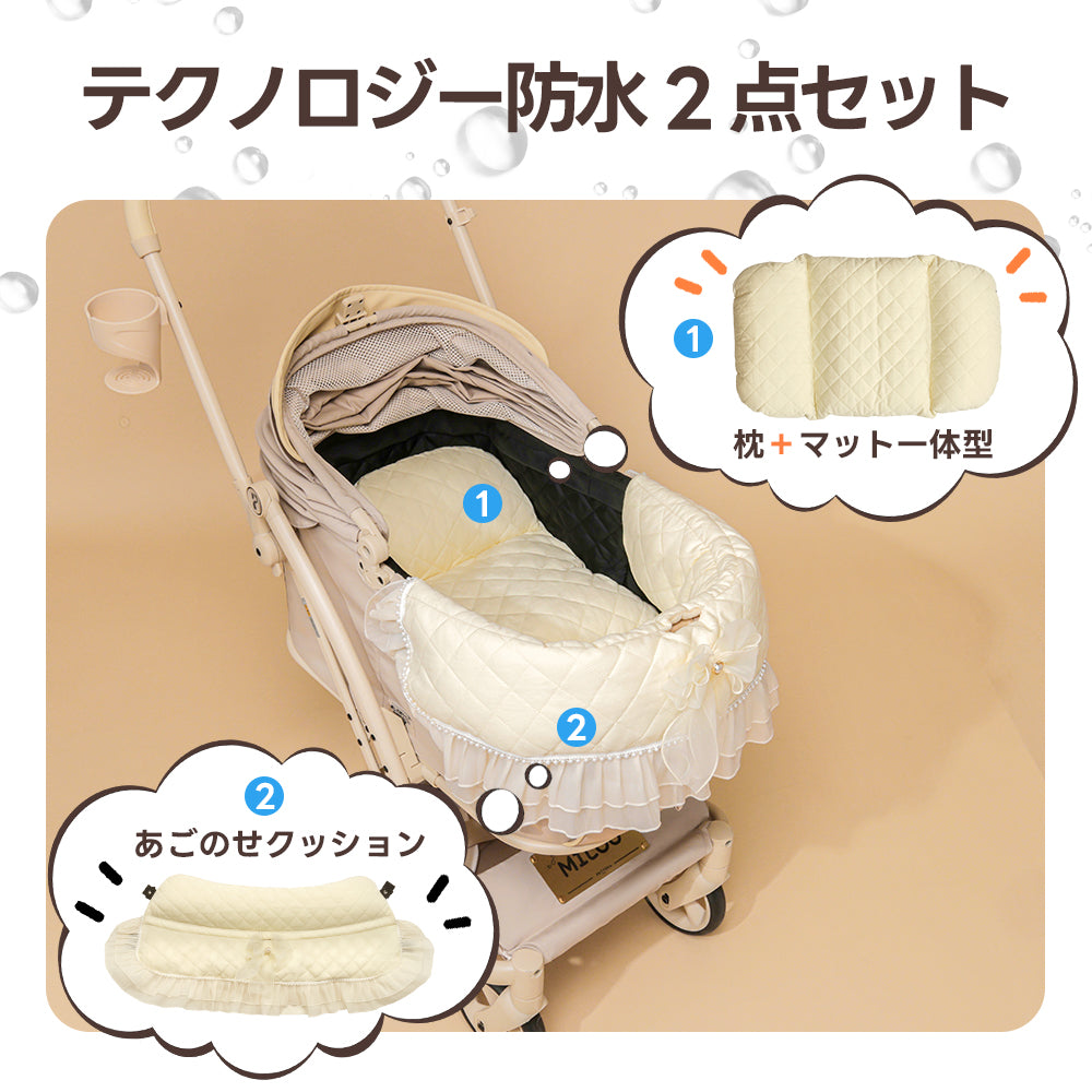 pettena プリンセス風セット ベージュ色のペットカートに設置された、キルティング素材のクッションセット。枕とマットが一体になったパーツと、前方のガード部分を覆うあごのせカバーの構成図。水滴を弾くイメージ付き。