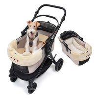 PETTENA ペットカート terra ベージュ。愛犬が「かわいいクマクッション」に顎を乗せてリラックスしている全体図。ふかふかの専用クッションとチェック柄のマットが、移動中の振動を和らげ、抜群の快適さを提供します。横には分離型コットの内側も表示。