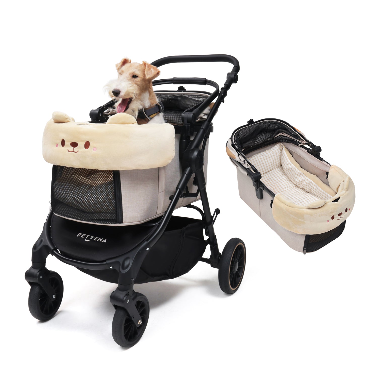 PETTENAロゴ入りの高機能ペットバギー terra。ベージュのコットに装着された専用のクマ型あごのせクッションが、愛犬の首元を優しくサポートし、長時間のお出かけでも快適な姿勢を保ちます。安定感のあるフレームと分離コットのセット画像。