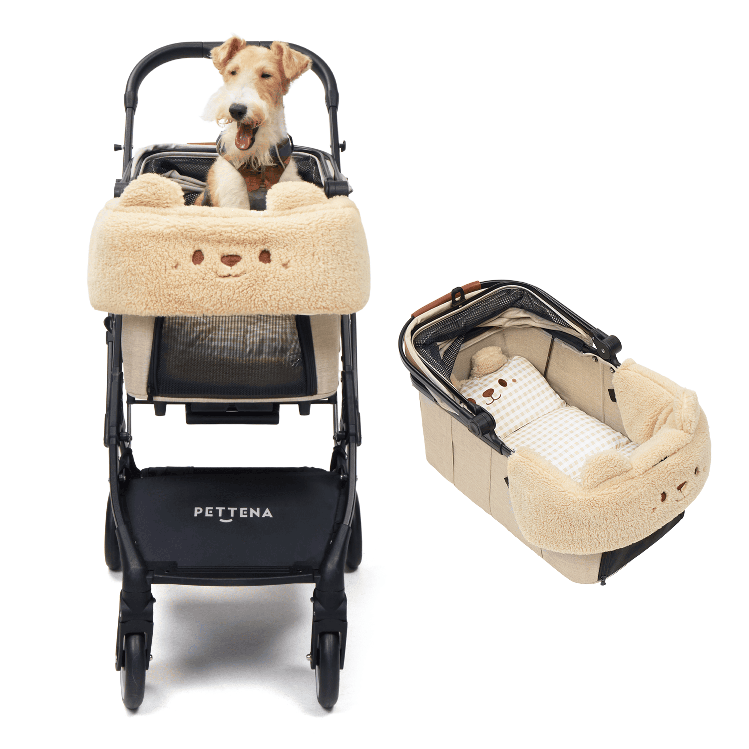 PETTENA knight ペットカート、愛犬がクマのあごのせクッションでリラックス中。コット内部には保温マットが敷かれ、冬でも温かく快適な居住空間を提供する詳細画像。