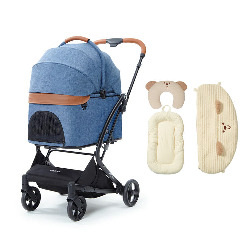 あごのせ付きPETTENA milou small saizペットカート(ネイビー)と「ベージュベア3点セット」。厚みのあるクッションが移動中の振動を和らげ、愛犬が安心してぐっすり眠れる極上の快適仕様。