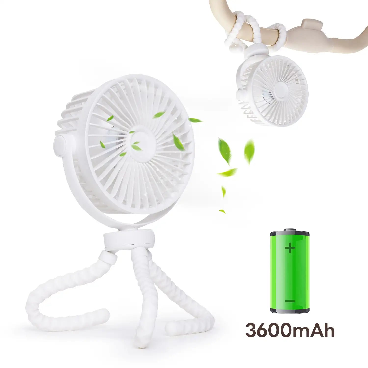 3600mAhの大容量バッテリーを内蔵した多機能ポータブル扇風機。三脚構造により卓上に立てるだけでなく、ペットカートのハンドル等へ巻き付けて吊り下げることも可能で、お出かけ時の暑さ対策に役立つ仕様。