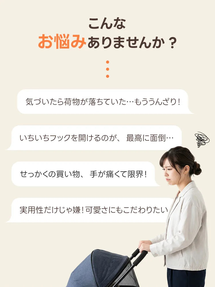 ペットカートでの散歩や買い物中に発生する、荷物の落下や手の痛み、既存フックの使い勝手の悪さといったストレスシーンを可視化。実用性だけでなくデザイン性も求めるユーザーのニーズを代弁する課題提起の画像。