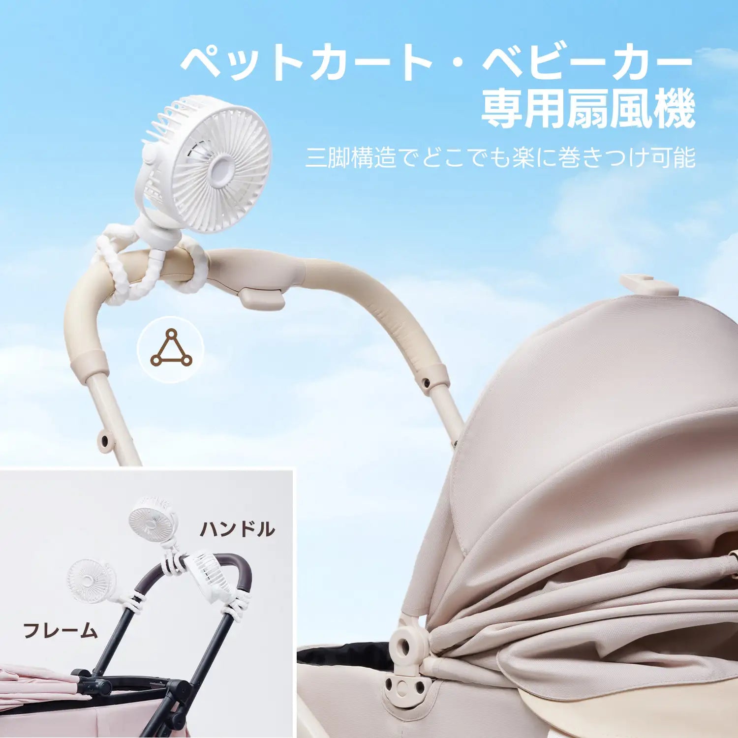 三脚構造でどこでも楽に巻きつけ可能なペットカート・ベビーカー専用扇風機。柔軟な白い脚をカートのハンドルやフレームに固定する使用例で、狙った位置に涼しい風を届ける、夏の熱中症対策に最適なアイテム。