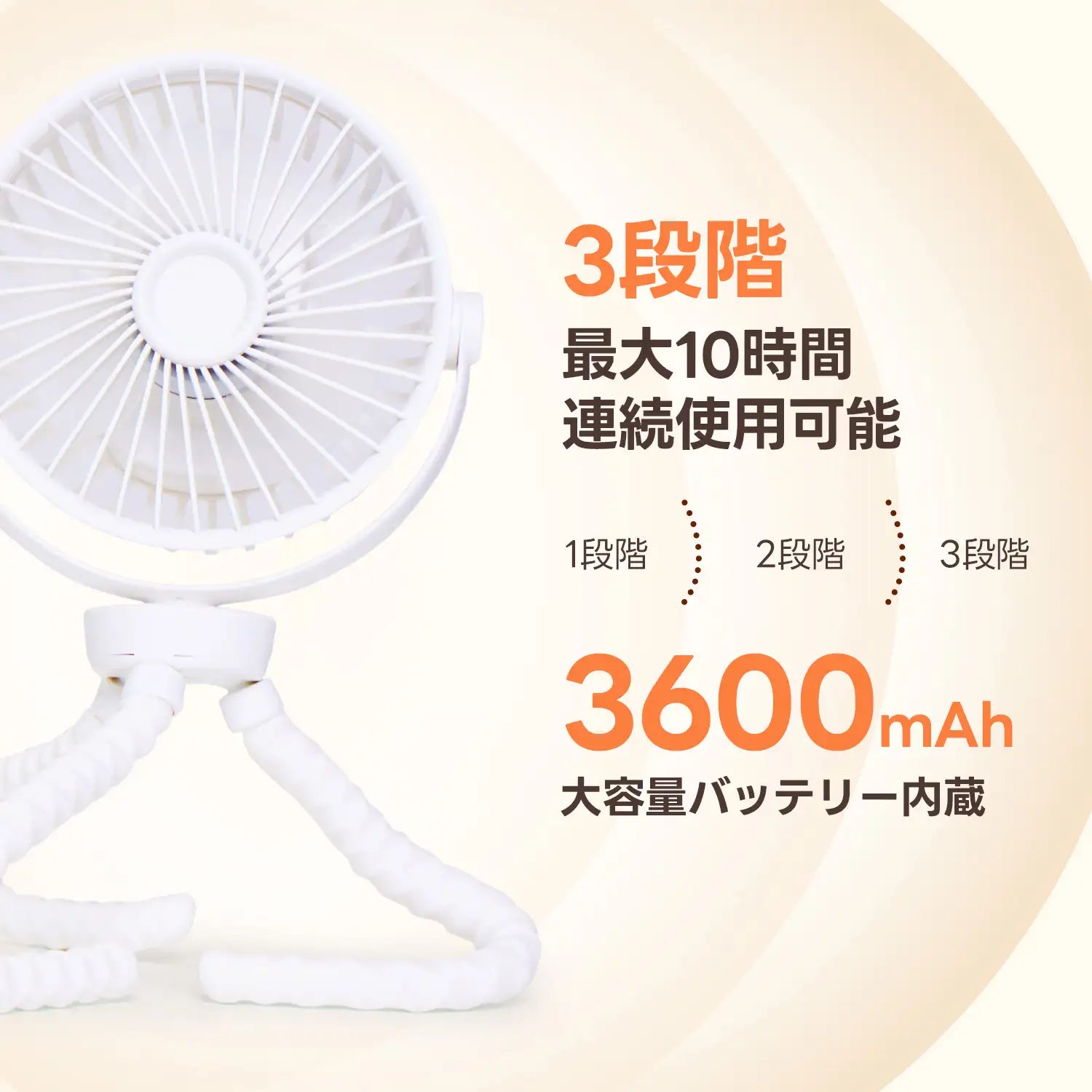 3600mAhの大容量バッテリーを搭載し、1段階から3段階までの風量調節に対応したペット用扇風機。最大10時間の連続使用が可能なため、夏の長時間の外出やペットカートでの移動時にも電池切れの心配がない仕様。