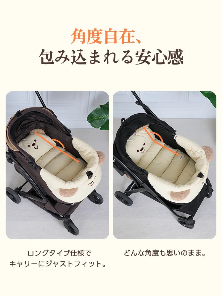 愛犬に極上の柔らかさと妥協のない安全性を届けるPETTENAペットカートクッション。通常2cmの厚みに対して5倍となる10cmの圧倒的なボリューム感で、カート移動時の衝撃を優しく緩和する機能説明。