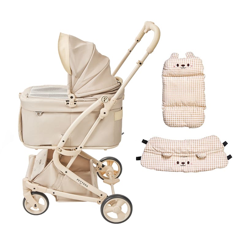 あごのせ付きPETTENA milou small saizペットカート（クリームベージュ）と「カーキ色クマクッションセット」。厚みのあるクッションが移動中の振動を和らげ、愛犬が安心してぐっすり眠れる極上の快適仕様。