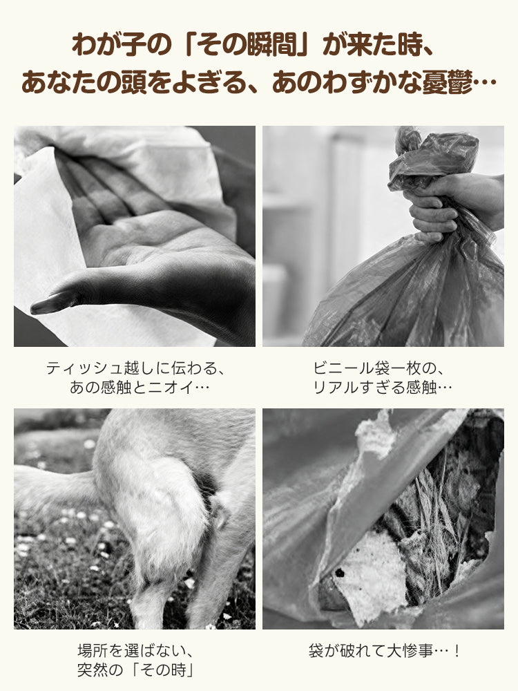 フンキャッチャー導入前に飼い主が抱える、フンの感触や臭い、袋の破損といった散歩中の「その瞬間」の憂鬱。これらのお悩みをすべて解決するためのビフォーイメージ。