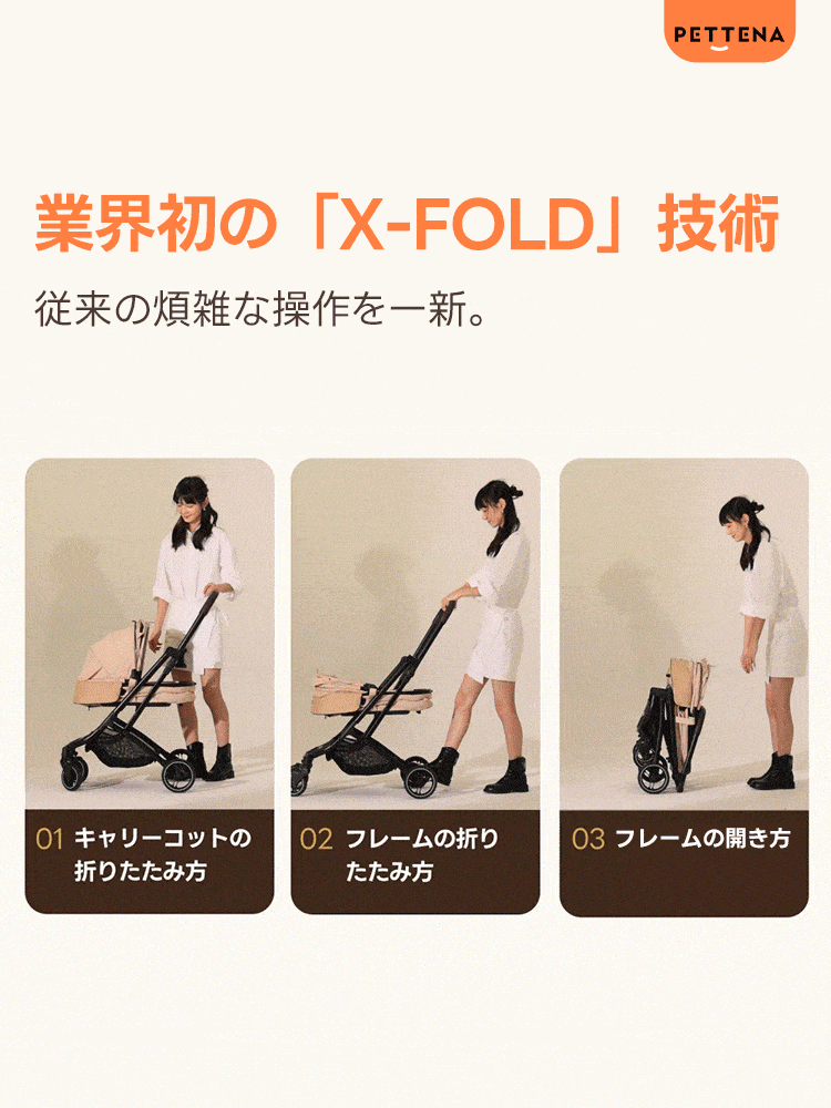 RIONペットカート、業界初「X-FOLD」技術で瞬折り！キャリーコット&フレーム折りたたみ簡単化。多頭犬猫用、25KG耐荷重、広い空間、自立軽量。お出かけ時の煩雑操作解消、省スペース収納に最適！