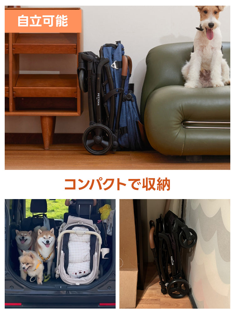 PETTENA MILOUペットカート、自立可能でコンパクト収納！瞬折りX-FOLD技術で軽量省スペース、25KG耐荷重の広い空間。多頭犬猫のお出かけに便利、自立設計で置き場所に困らず、小型犬から中型犬まで快適に乗せられます。