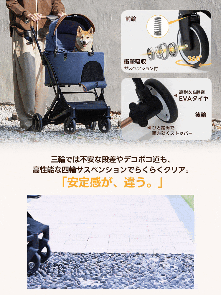 PETTENA MILOUペットカート、衝撃吸収サスペンション＆高耐久静音EVAタイヤ！ひと踏みストッパーで安全。段差デコボコ道も四輪サスで安定走行。瞬折りX-FOLDで軽量省スペース、多頭犬猫用のお出かけ犬バギー！
