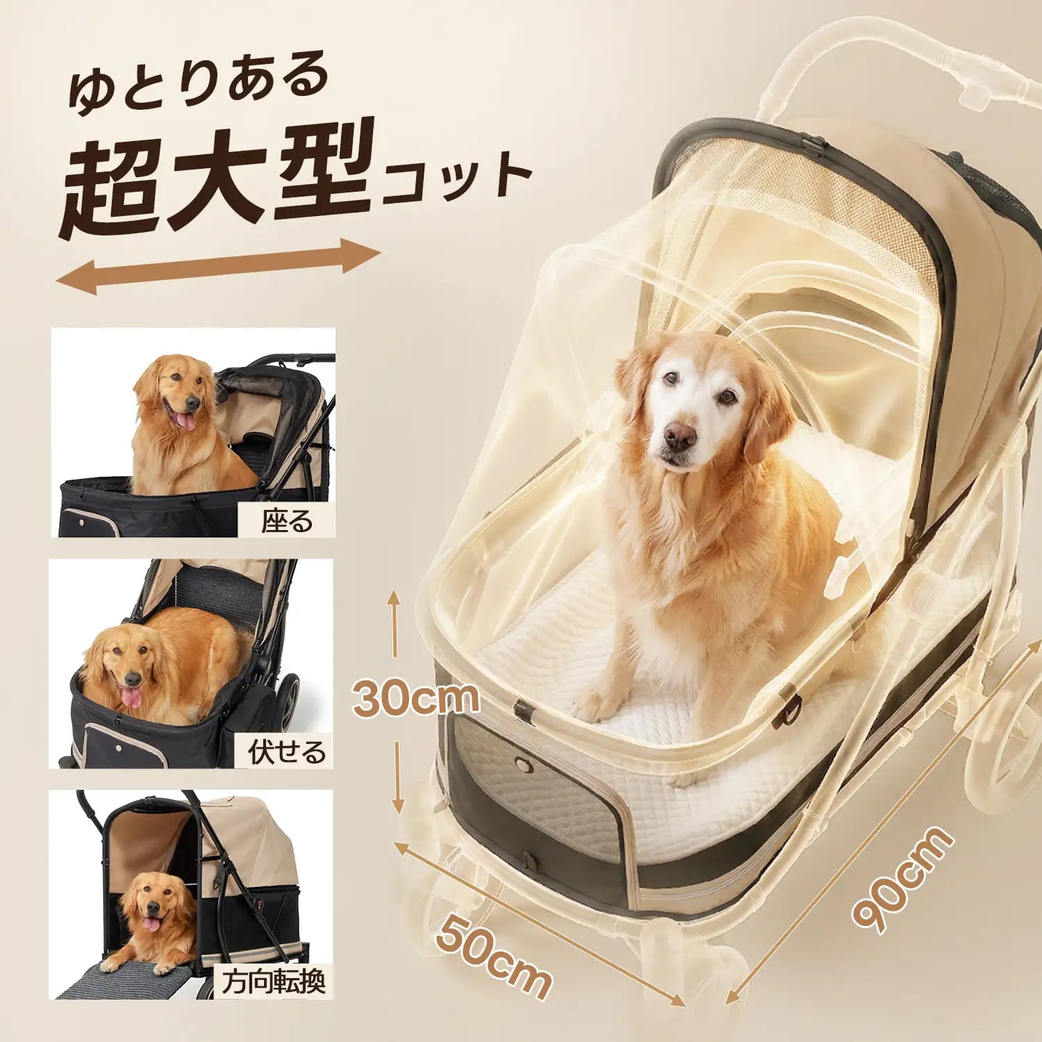 【超大型コット設計】PETTENA TITAN 室内サイズ（50×90×30cm）。大型犬の座る・伏せる・方向転換に対応したゆとりある空間。