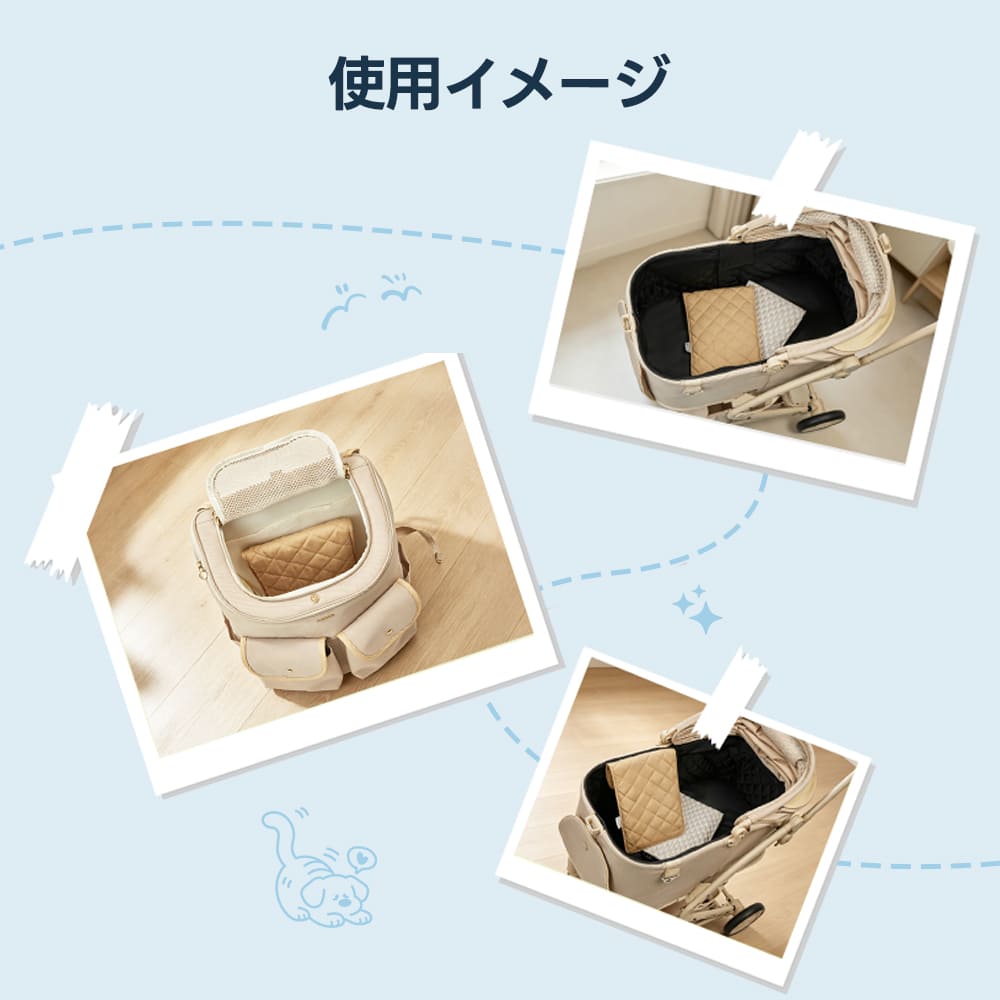 ペットカート用アイスポーチの「使用イメージ」を説明する画像。ベージュのキルティング柄マットが、カートの座面やペットリュックの内部にぴったりと収まり、様々な夏の移動シーンで活躍する様子を表現。