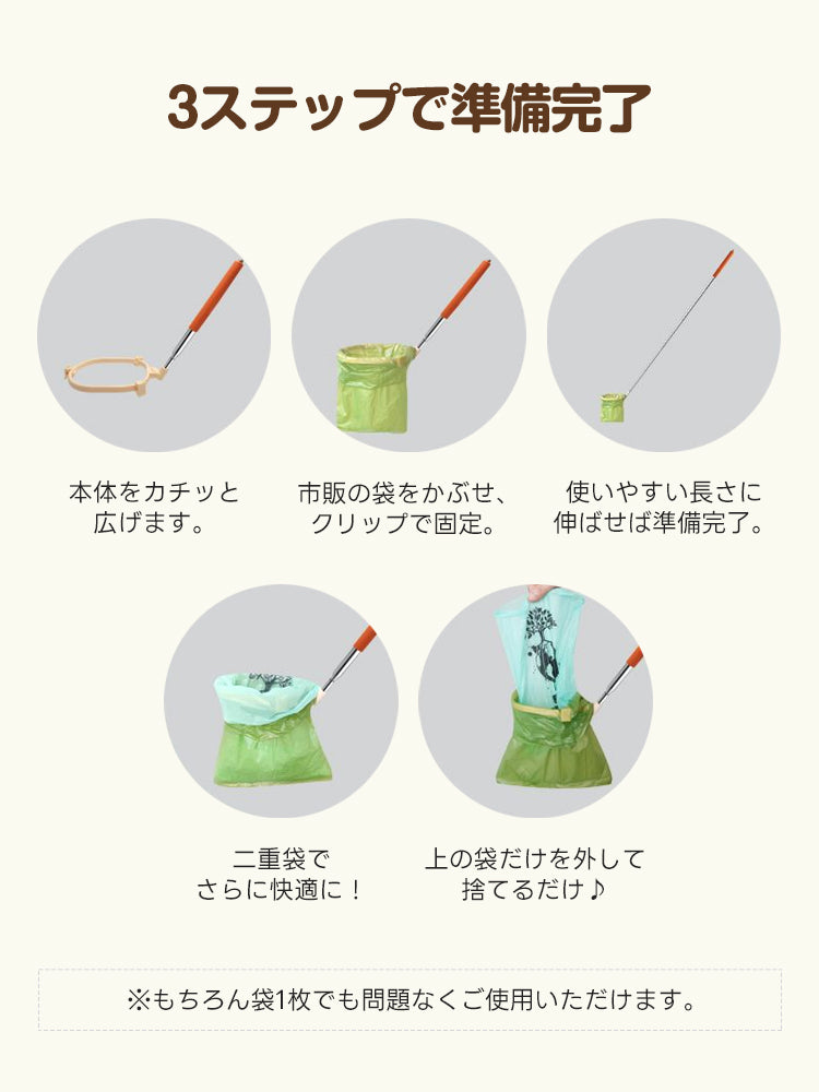  準備はたったの3ステップ。市販の袋を被せてクリップで留めるだけの簡単装着解説。ゴミ捨て時に袋に触れずに済む、衛生的で快適な二重袋の活用術を紹介。