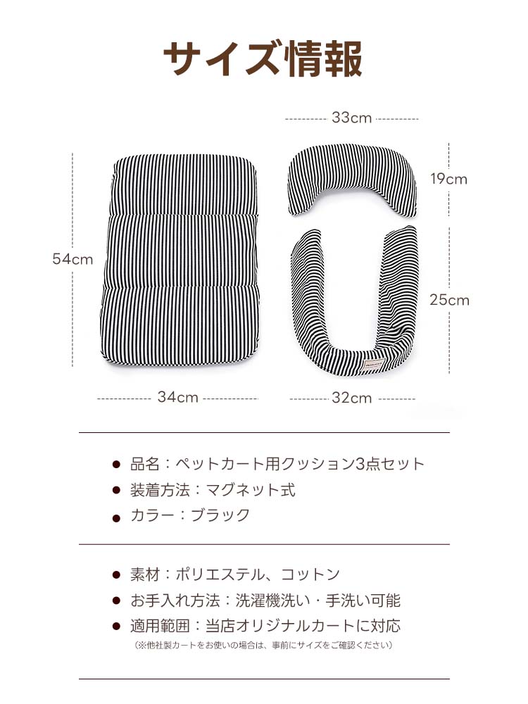 ペットカート用クッション3点セットのサイズ詳細。縦54cmの立体マット、三日月枕、あご乗せパットの寸法を表示。ポリエステルとコットンの混合素材で、洗濯機洗いにも対応。マグネット装着により、多くのカートに簡単に取り付け可能。