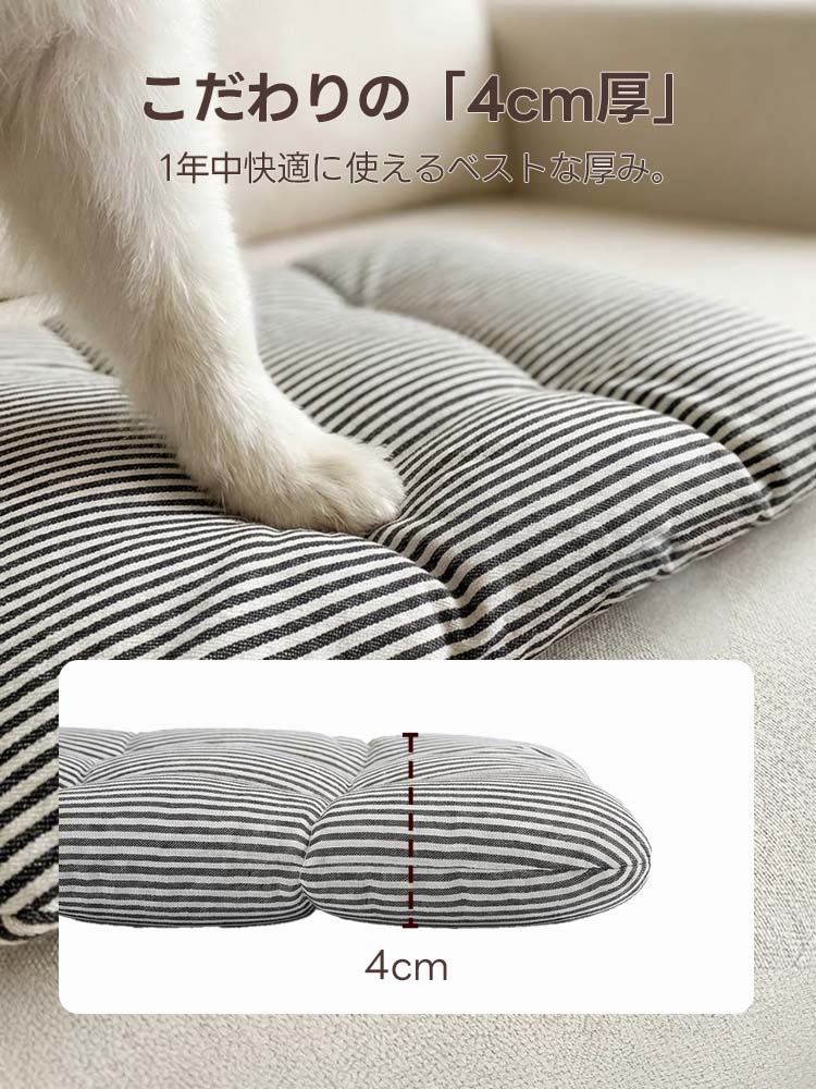 こだわりの4cm厚で1年中快適に使える、PETTENAのストライプ柄ペットカート用クッション。犬が踏んでも沈み込みすぎない弾力性と厚みが、長時間の移動でも愛犬の体への負担を和らげ、安定した乗り心地を実現する。