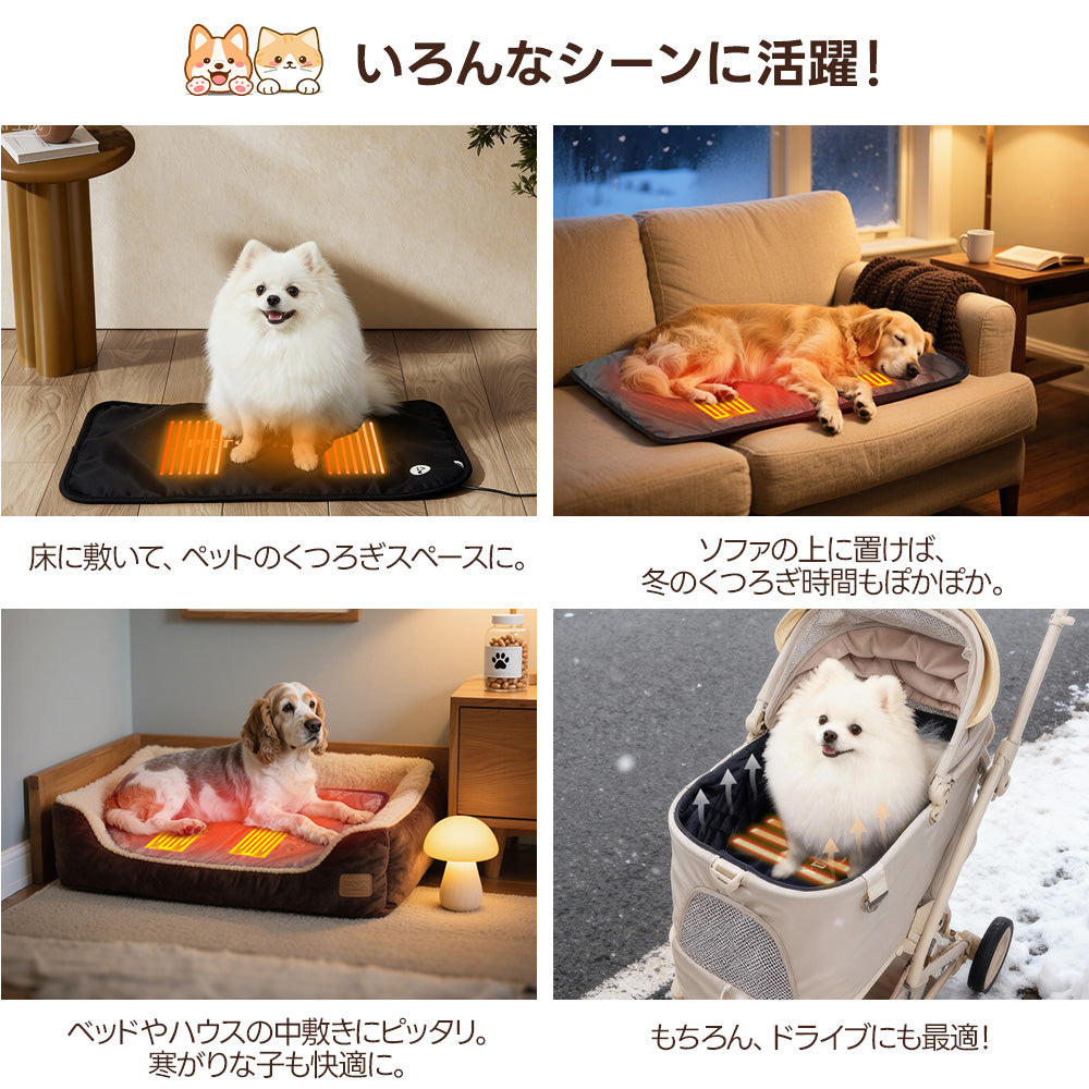室内から屋外まで使えるペット用ホットカーペットの活用シーン。床やソファ、ベッドの中敷きとしてはもちろん、冬のペットカート移動にも最適な汎用性です。