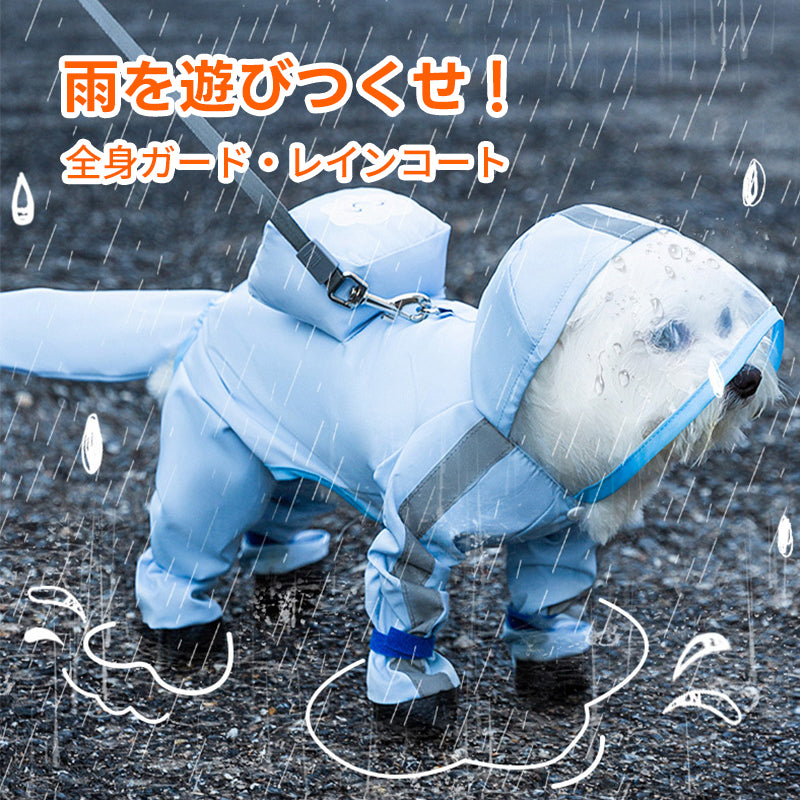 足の先までガードする長袖タイプの犬用レインコート着用例。雨水の侵入を防ぐ透明フードや収納ポーチを備え、雨の日でも快適にお散歩できる高機能ウェアです。