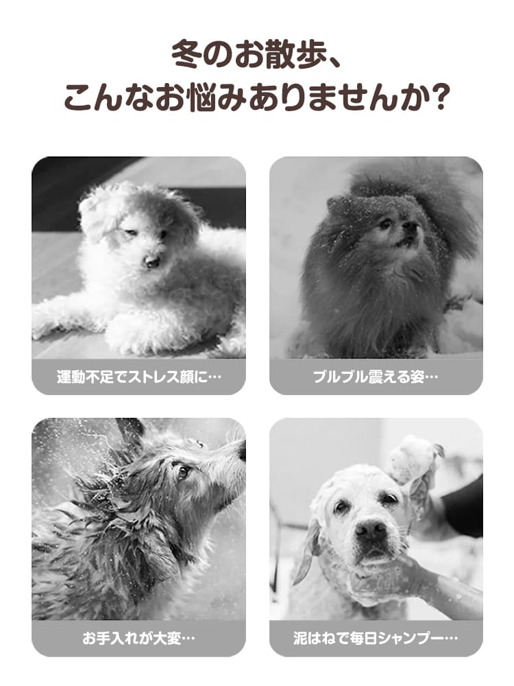 冬の散歩における愛犬の悩みである、寒さで震える姿、運動不足、泥はねによる汚れ、毎日の大変なシャンプーの手間を描写した4つのモノクロシーン。
