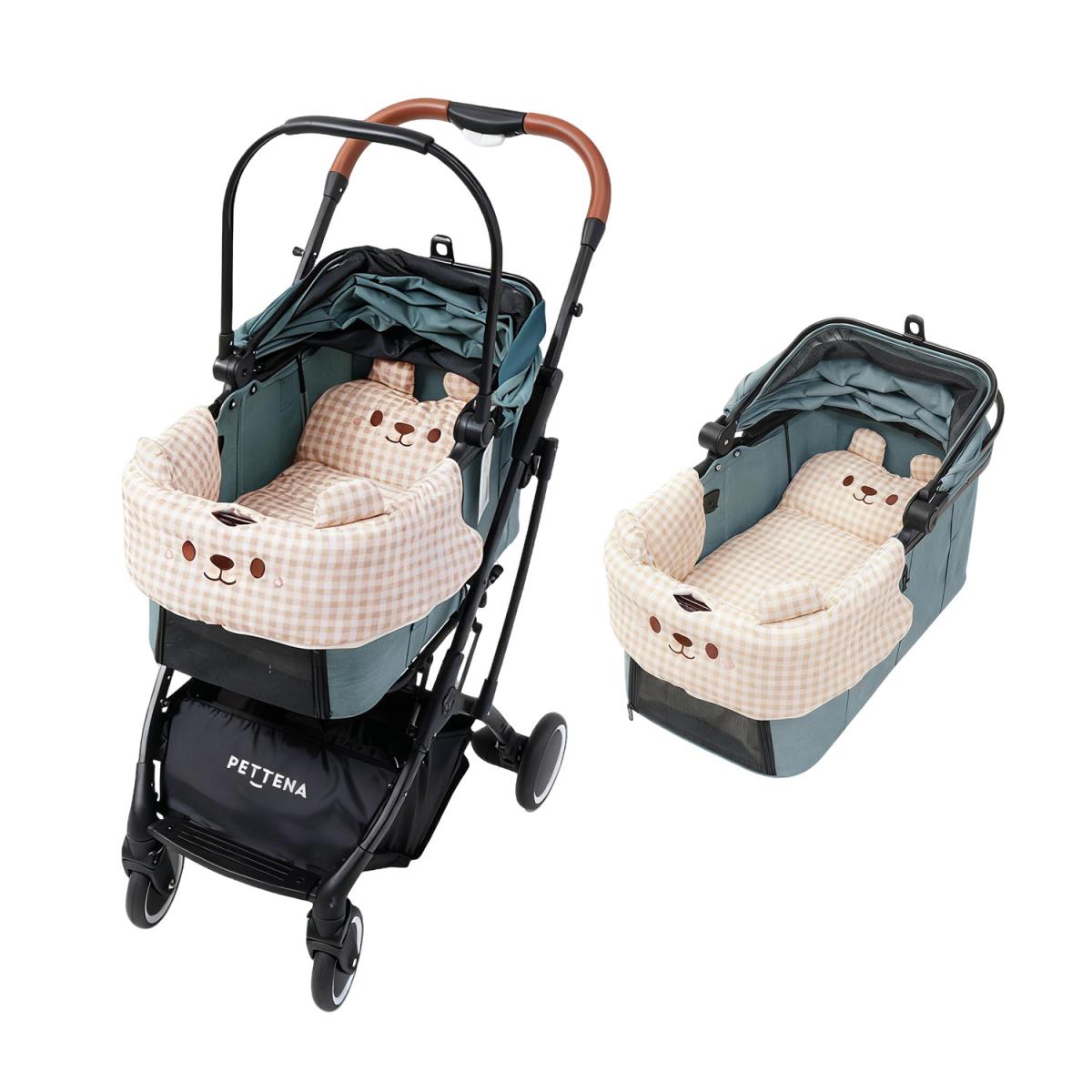 PETTENA KNIGHT ペットカート ミントブルー かわいいクマ2点セット（カーキ）| 爽やかなミントブルーのバギーに、カーキ色のギンガムチェッククマ柄クッションを装着。愛犬をふんわり包み込む「くまみみ」付きで、見た目も暖かく可愛い冬の防寒デザイン。分離型のコット詳細付き。