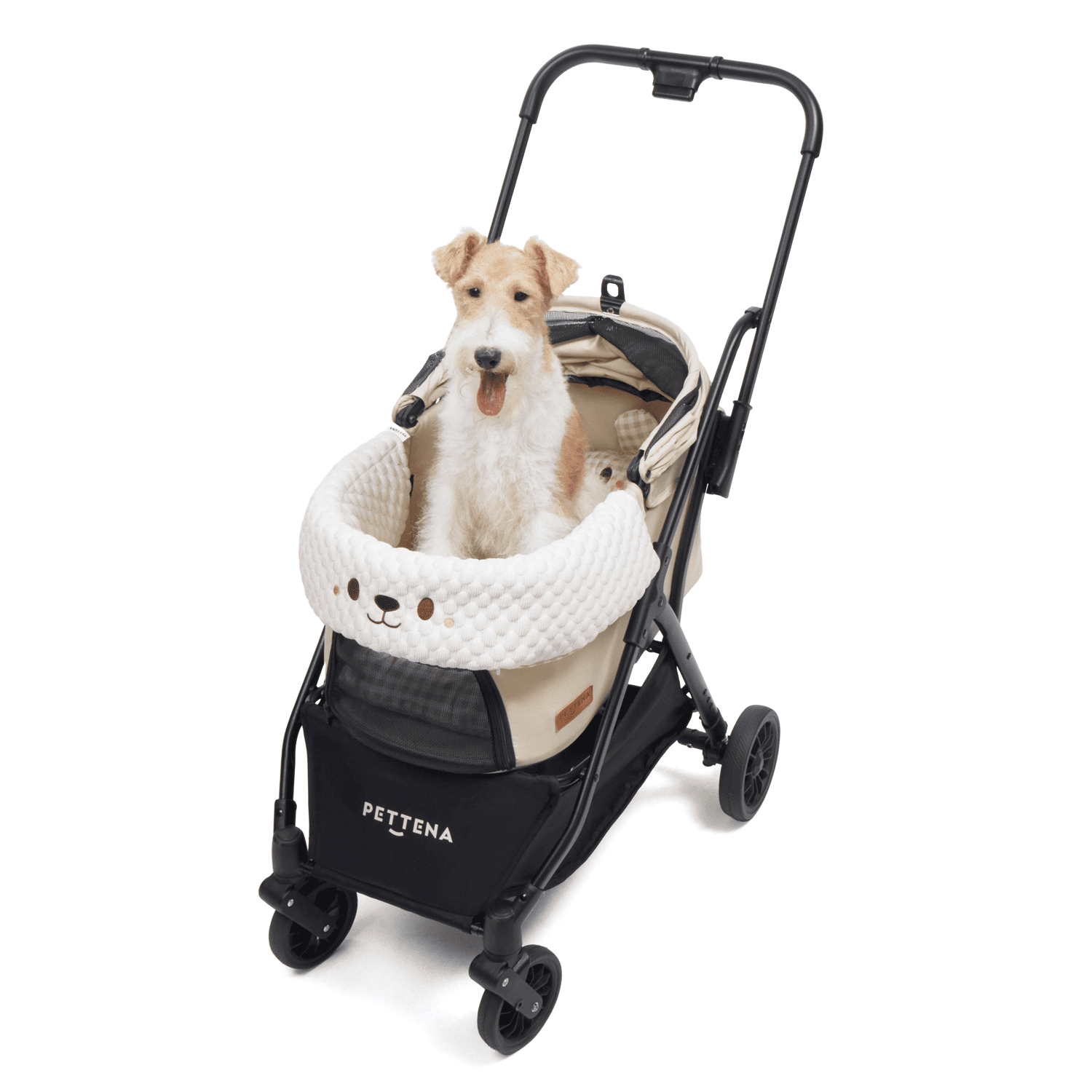 愛犬がリラックスして乗車できるPETTENA Newton（ベージュ）の広々とした居住空間 ふわふわのあごのせクッションが振動を和らげ安全で快適な散歩を実現