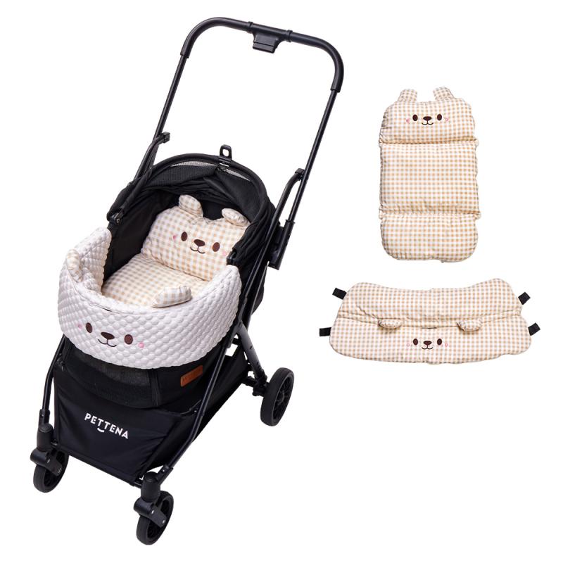 路面の衝撃を吸収し愛犬を安全に守るPETTENA Newton（ブラック）のバスケット内装 かわいいギンガムチェッククマのあごのせガードとふんわりマットで究極の快適さを提供