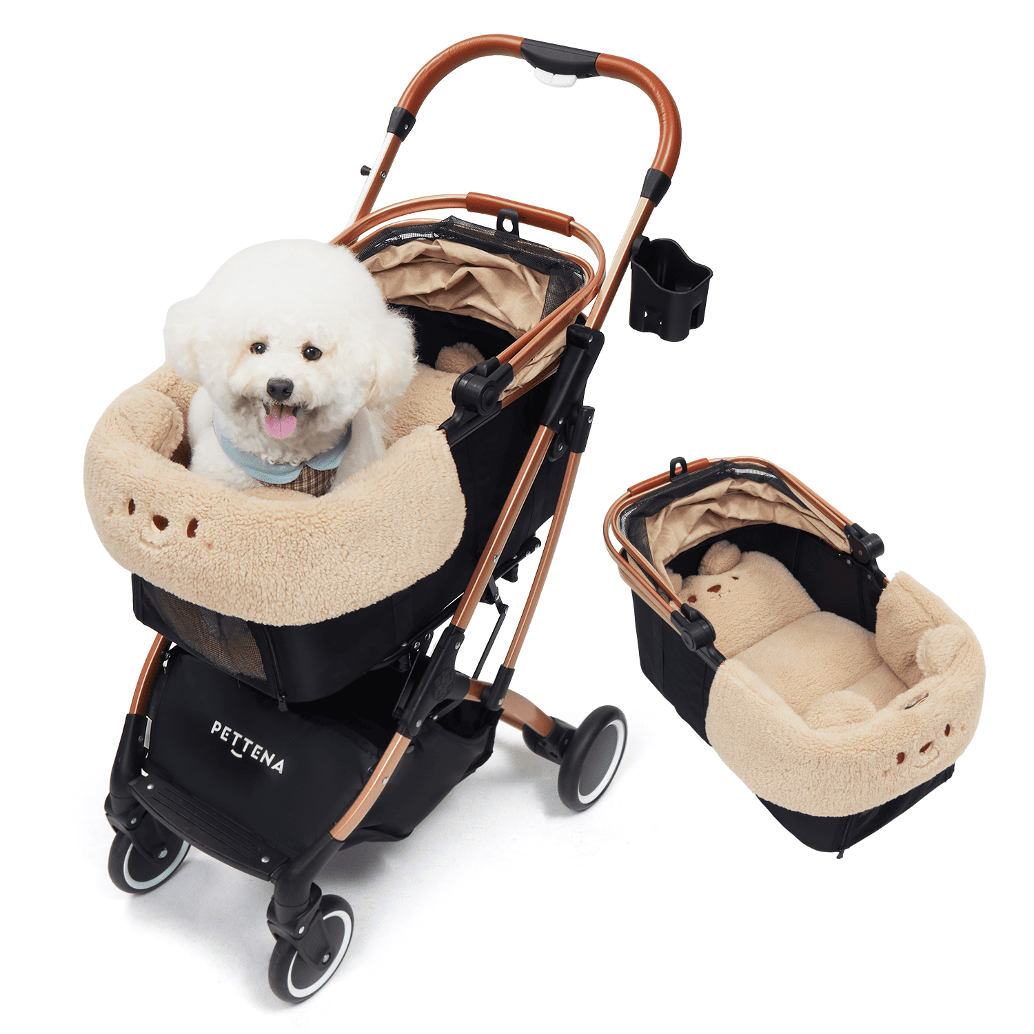 PETTENA knight ブラックゴールドのコット内でくつろぐ白い愛犬。ふわふわのクマあごのせクッションが快適さを提供。分離型キャリーとしても使えるコットの内部と全体俯瞰図。